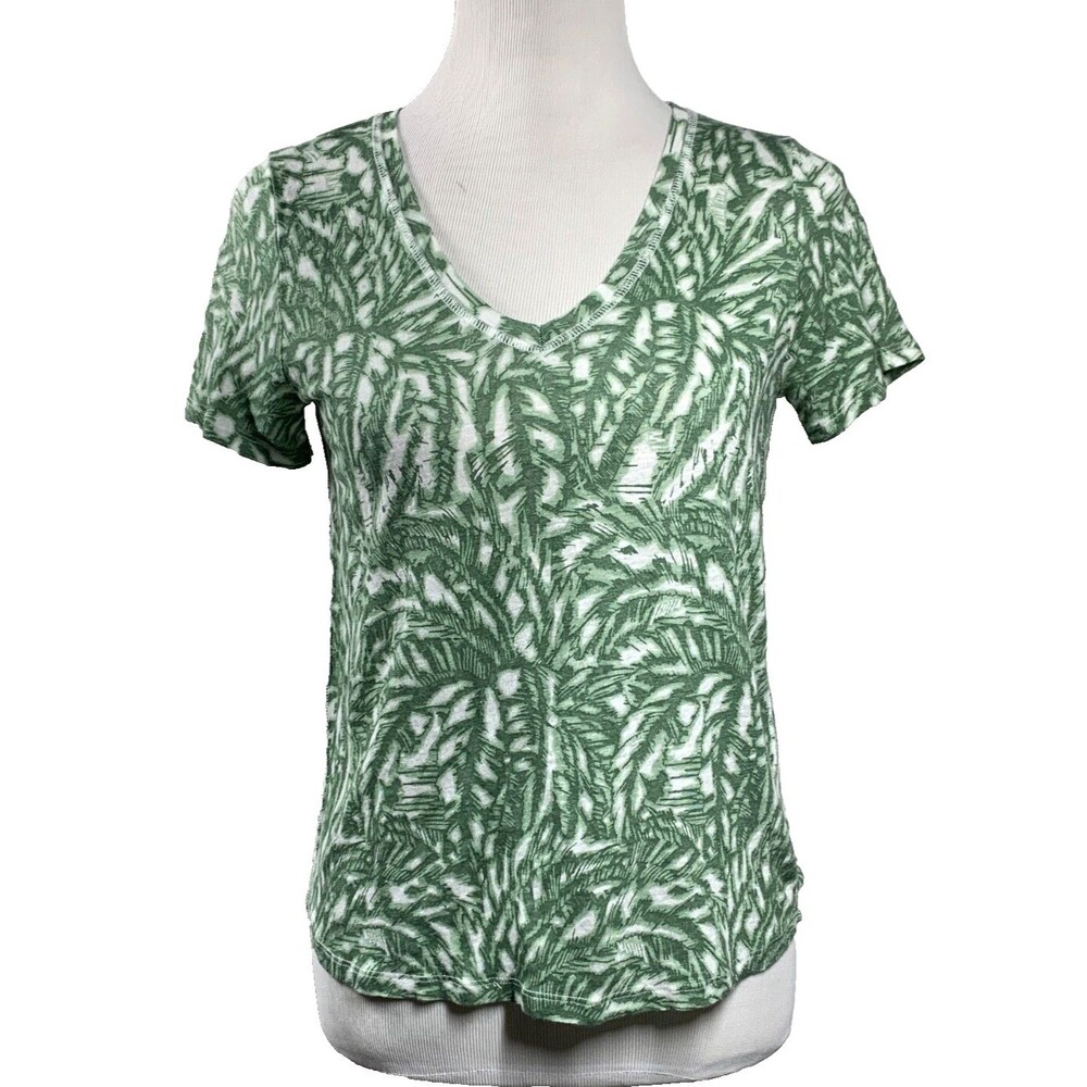 Pure Collection 100% Linen Green Leaf Print V-Neck T-Shirt Size M Casual